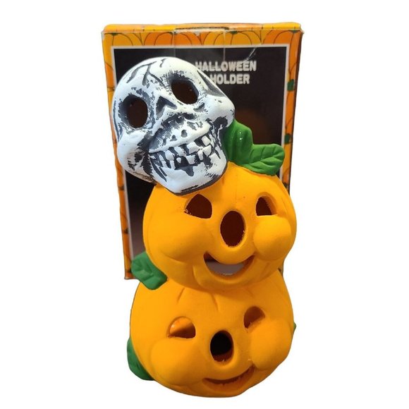 Vintage Pumpkin Time Ceramic Halloween Tealight Holder Skull Jack o' Lantern - Picture 2 of 6